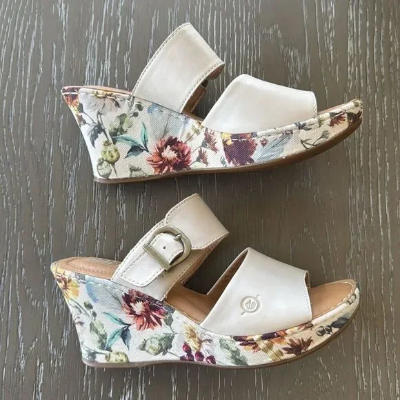 Born Women's Cream Leather Floral Print Buckle Wedge Comfortable Sandals Size 7M - Picture 4 of 12